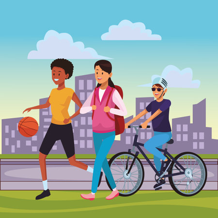 woman daily routine basketball riding bike bag cityscape vector illustration graphic design vector illustration graphic designのイラスト素材