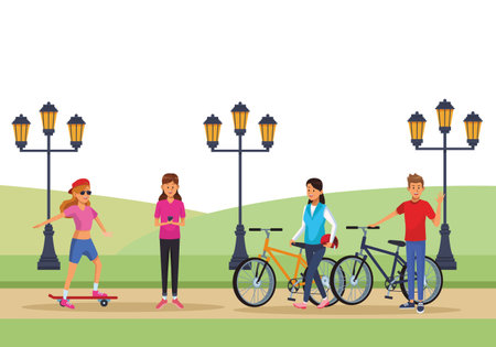 people in the park skateboarder riding bicicle with street light vector illustration graphic designのイラスト素材