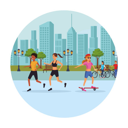 people in the city women running and skateboarder skyscrapers silhouette cityscape round icon vector illustration graphic designのイラスト素材