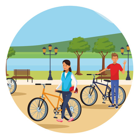 couple in bicicles parkscape round icon vector illustration graphic designのイラスト素材