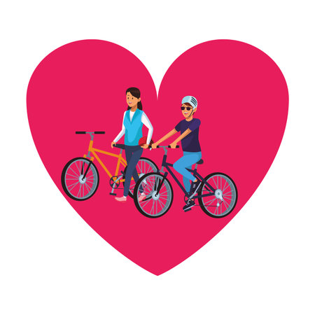 couple riding bicicle heart icon ponytail helmet vector illustration graphic designのイラスト素材