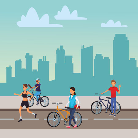 people in the city cyclits old man woman running pram skyscrapers silhouette cityscapeのイラスト素材