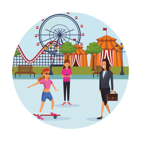 people in the amusement park skateboard businesswoman ferries wheel circus tent round icon vector illustration graphic designのイラスト素材