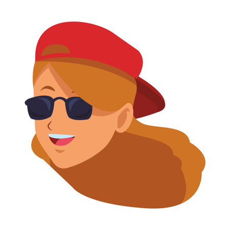 young woman face smiling with hat and sunglasses black and white vector illustration graphic designのイラスト素材