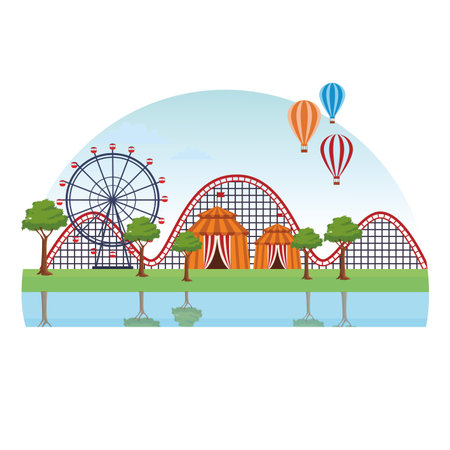 amusement park landscape circus tent roller coaster round icon vector illustration graphic designのイラスト素材