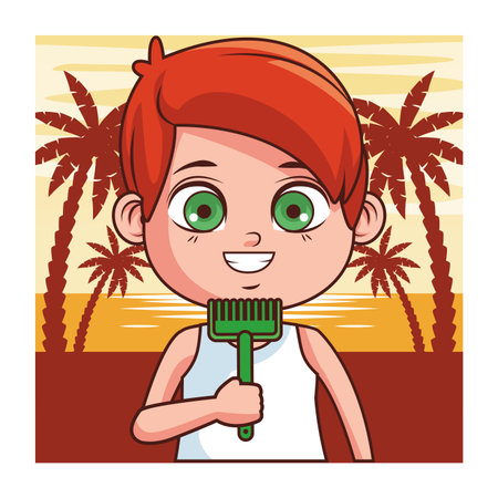 Cute summer boy cartoon over beachscape sunset background vector illustration graphic designのイラスト素材