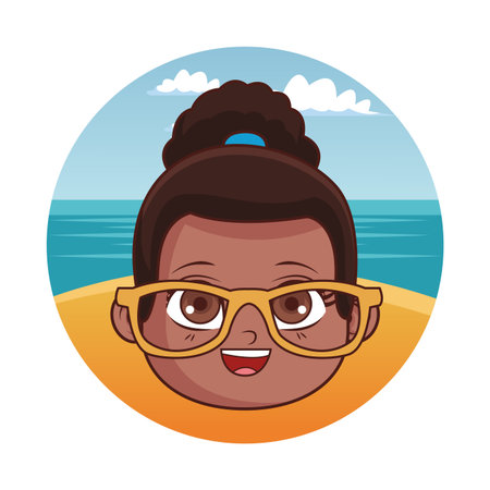 Summer kids girl with sunglasses over beachscape round icon vector illustration graphic designのイラスト素材