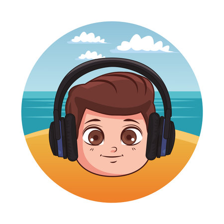 Summer kids boy with headphones over beachscape round icon vector illustration graphic designのイラスト素材