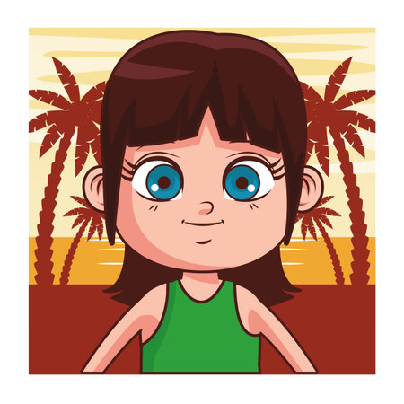 girl summer cartoon over beachscape sunset background vector illustration graphic designのイラスト素材