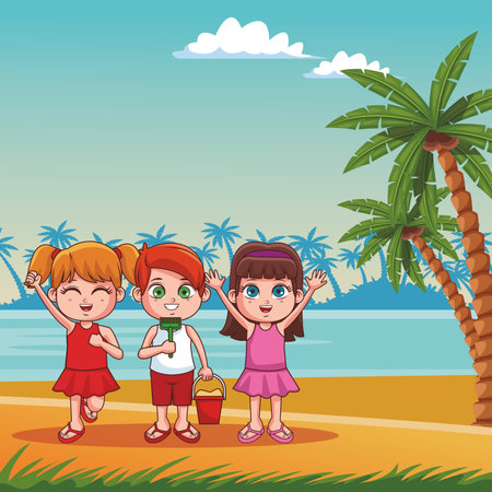 Summer kids on beach cartoons at sunny day vector illustration graphic designのイラスト素材
