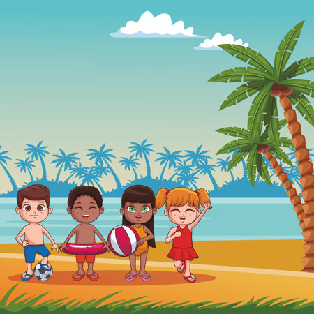 Summer kids on beach cartoons at sunny day vector illustration graphic designのイラスト素材