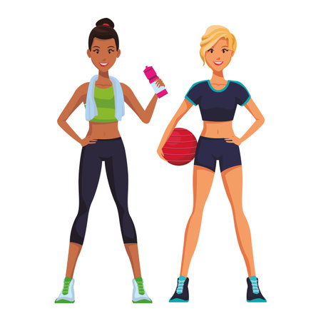 Fitness women cartoon with sport elements vector illustration graphic designのイラスト素材