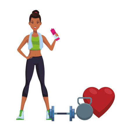 Fitness woman with sport elements cartoon vector illustration graphic designのイラスト素材