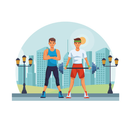 fit men doing exercise in the park cartoon vector illustration graphic designのイラスト素材