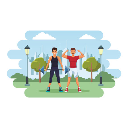 fit men doing exercise in the park cartoon vector illustration graphic designのイラスト素材