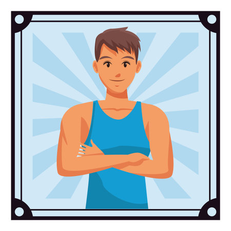 fit man doing exercise profile cartoon over vintage striped background vector illustration graphic designのイラスト素材