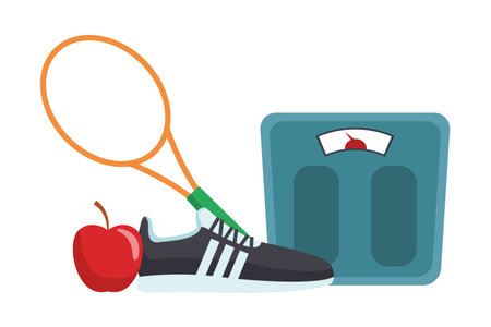 Sport and fitness elements body balance with shoe apple and racket vector illustration graphic designのイラスト素材