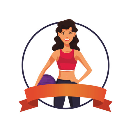fitness woman with ball round label ribbon banner vector illustration graphic designのイラスト素材