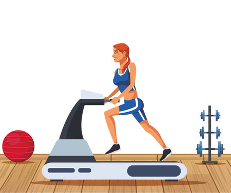 Fitness woman on running machine inside gym vector illustration graphic designのイラスト素材