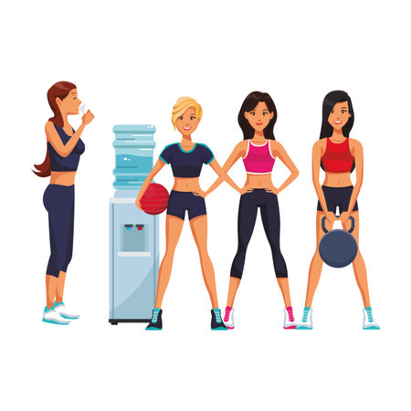 fitness women with water dispenser ball and kettlebell vector illustration graphic designのイラスト素材