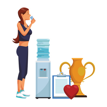 Fitness woman drinking water from dispenser and sport symbols vector illustration graphic designのイラスト素材