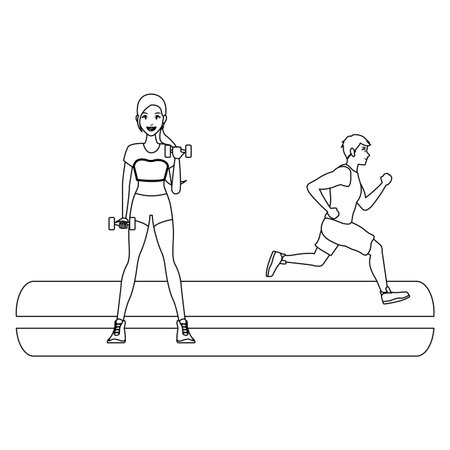 fitness woman lifting dumbbells and man running on park vector illustration graphic designのイラスト素材