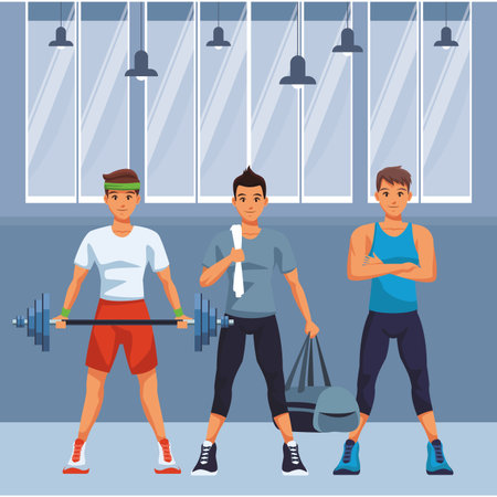 fitness men with barbell and bag cartoon inside gym building scenery vector illustration graphic designのイラスト素材