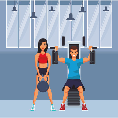 fitness woman lifiting kettlebell and man on chest machine inside gym building scenery vector illustration graphic designのイラスト素材