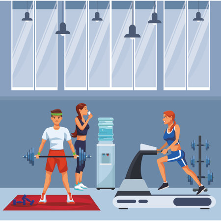 Fitness people doing exercise with weights and machine inside gym building scenery vector illustration graphic designのイラスト素材