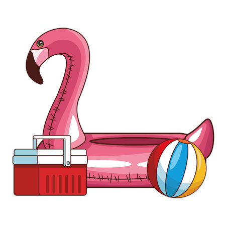 summer flamingo float with beach ball and cooler vector illustration graphic designのイラスト素材