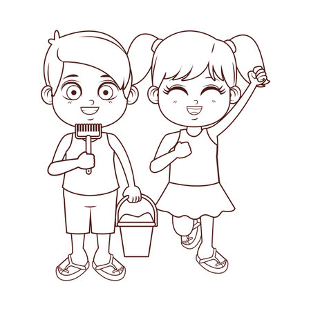 Summer kids boy and girl sand bucket and shovel cartoon vector illustration graphic designのイラスト素材