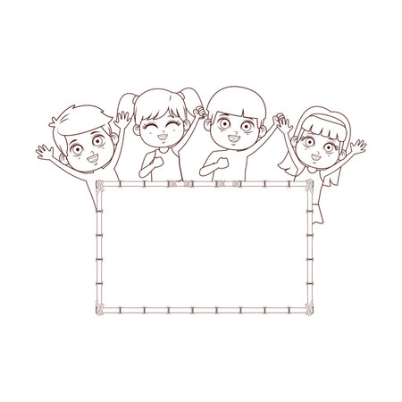 Summer kids with blank wooden sign and elements cartoon vector illustration graphic designのイラスト素材