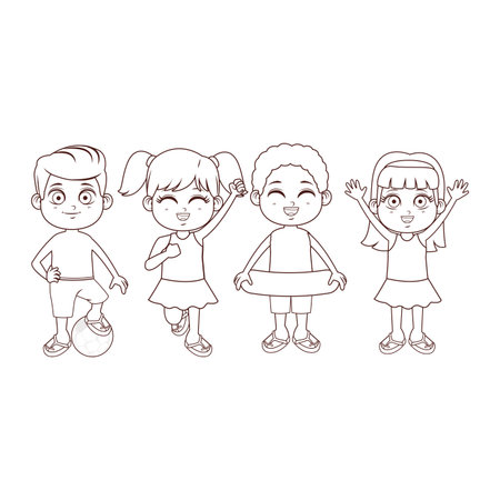 Summer kids boys and girls with float and ball cartoon vector illustration graphic designのイラスト素材