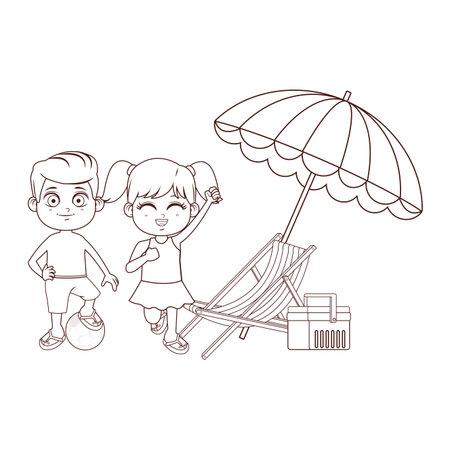 Summer kids girl and boy with soccer ball sunchar and cooler cartoon vector illustration graphic designのイラスト素材