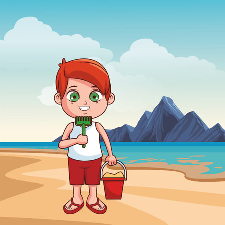 Summer kids boy with shovel in the beach cartoon vector illustration graphic designのイラスト素材