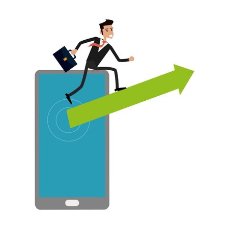businessman running on smartphone screen with arrow up vector illustration graphic designのイラスト素材