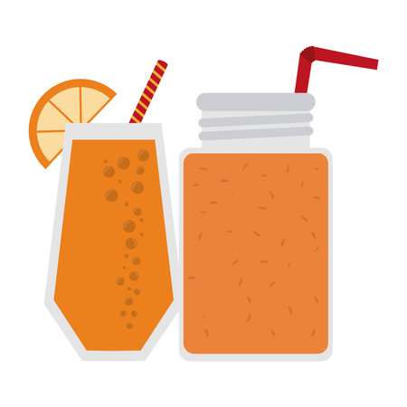 Fruit juice and smoothie orange glass cups with straw vector illustration graphic designのイラスト素材