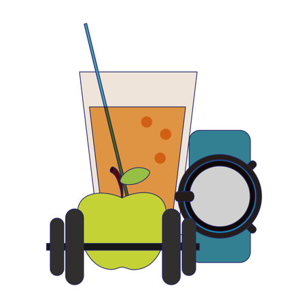 Fitness and healthy lifestyle drink apple and dumbbell with smartwatch vector illustration graphic designのイラスト素材