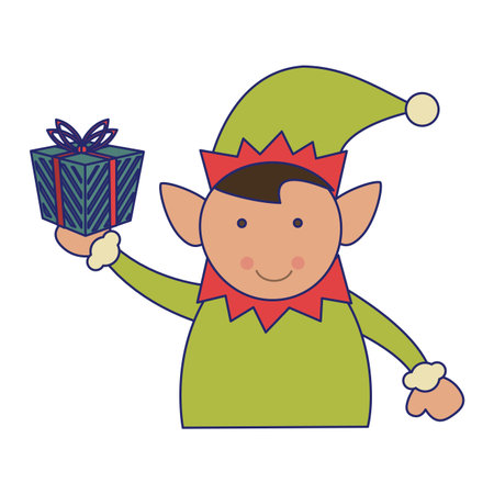 Christmas elf holding gift box cartoon vector illustration graphic designのイラスト素材