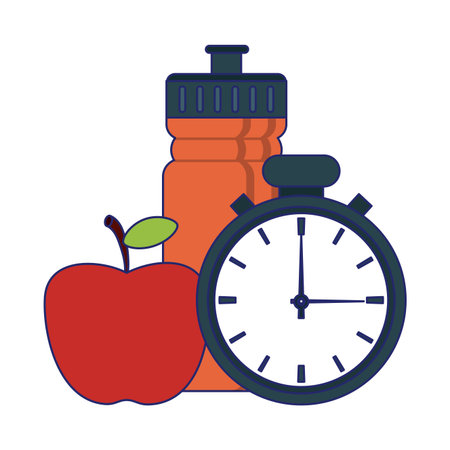 Fitness and healthy lifestyle apple and timer with bottle vector illustration graphic designのイラスト素材
