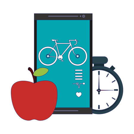 Fitness and healthy lifestyle smartphone bike app and apple with timer vector illustration graphic designのイラスト素材