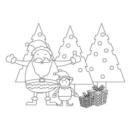 Christmas santa claus and elf with giftboxes and trees cartoon vector illustration graphic designのイラスト素材