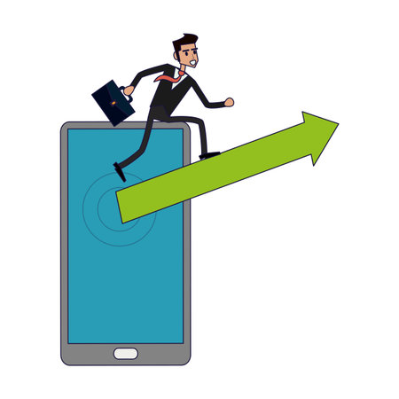 businessman running on smartphone screen with arrow up vector illustration graphic designのイラスト素材
