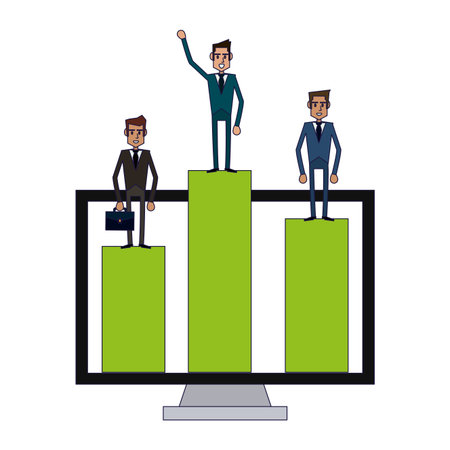 Business coworkers on growing statistics bars on computer screen vector illustration graphic designのイラスト素材