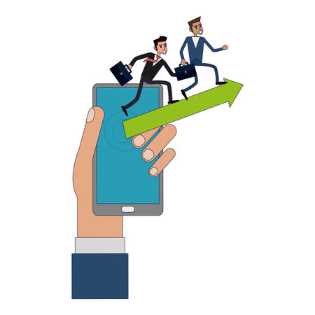 Business coworkers running on smartphone screen vector illustration graphic designのイラスト素材