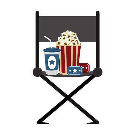 cinema director chair with pop corn with tickets and soda cup vector illustration graphic designのイラスト素材