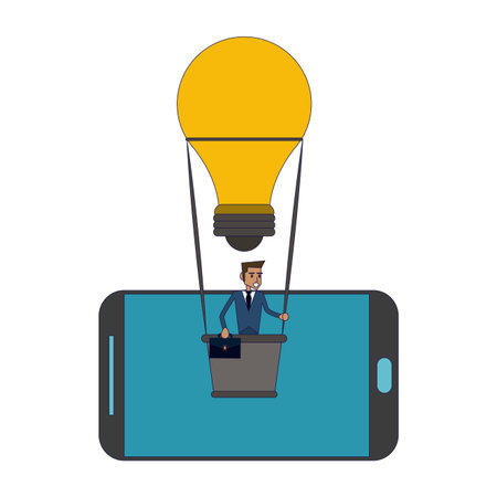 businessman in hot air balloon over smartphone vector illustration graphic designのイラスト素材