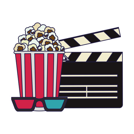 cinema clapboard with pop corn and 3d glasses vector illustration graphic designのイラスト素材