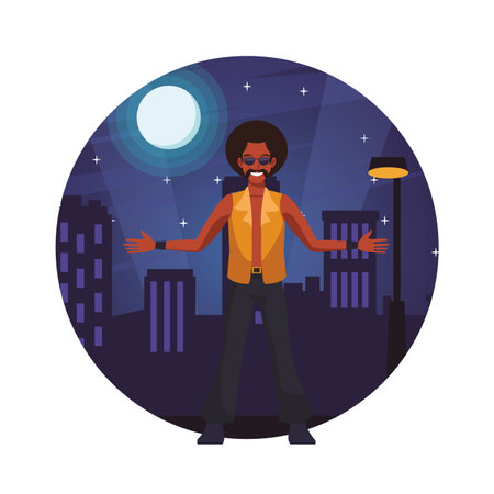 Disco man dancing in the city cartoon round icon vector illustration graphic designのイラスト素材