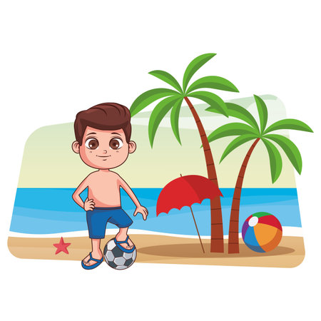 Summer boy with soccer ball cartoon in the beach cartoons in the beach cartoons vector illustration graphic designのイラスト素材
